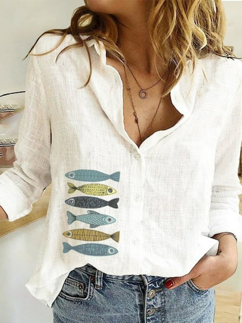 Whimsical Fish Print White Cotton Button Down Blouse Top L